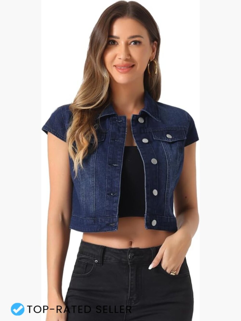 Cropped Denim Jacket Women Short Sleeve Classic Casual Jean Jacket Summer